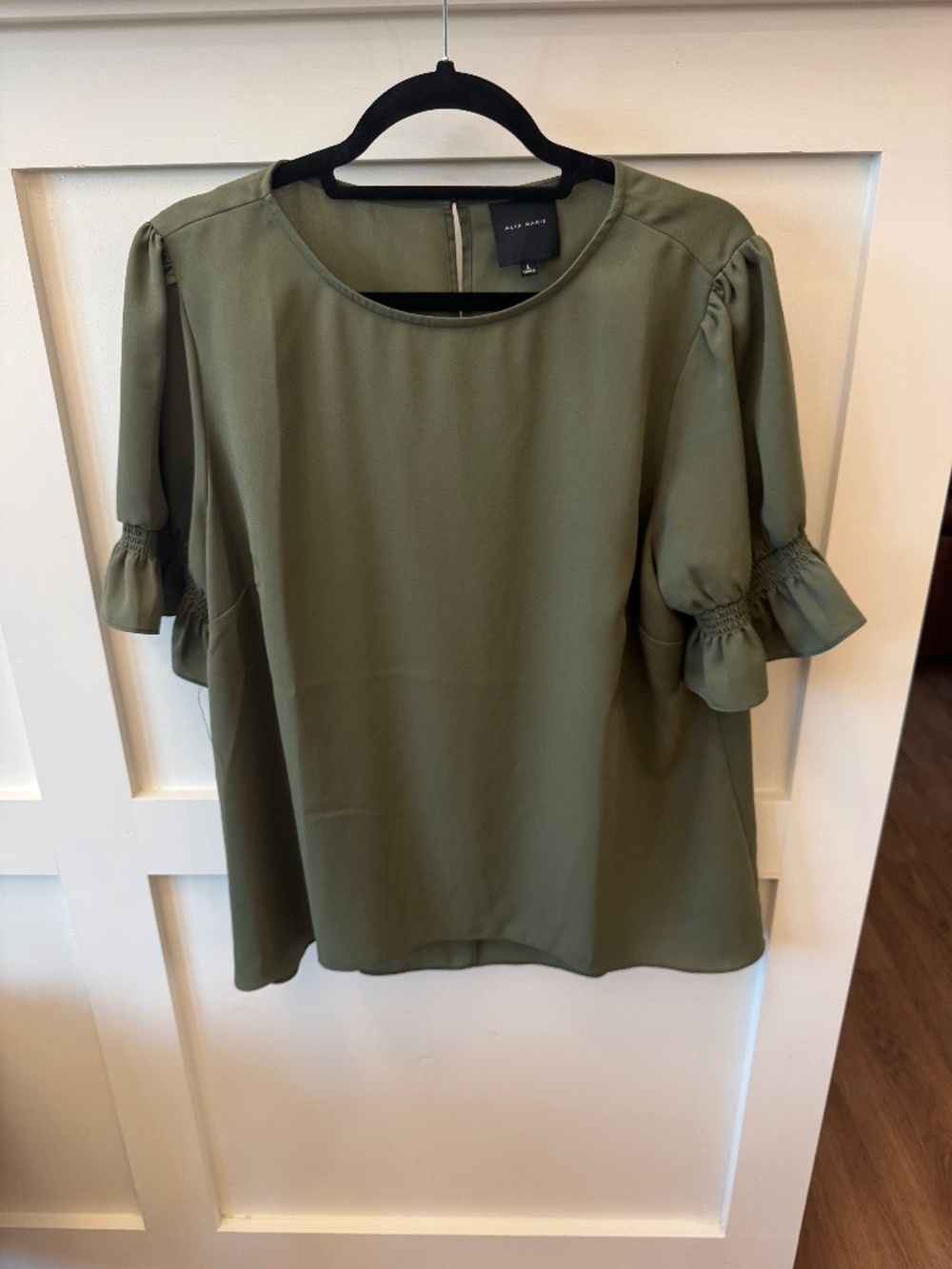Alex Marie Olive Green Smocked Ruffle Sleeve Blouse Size L